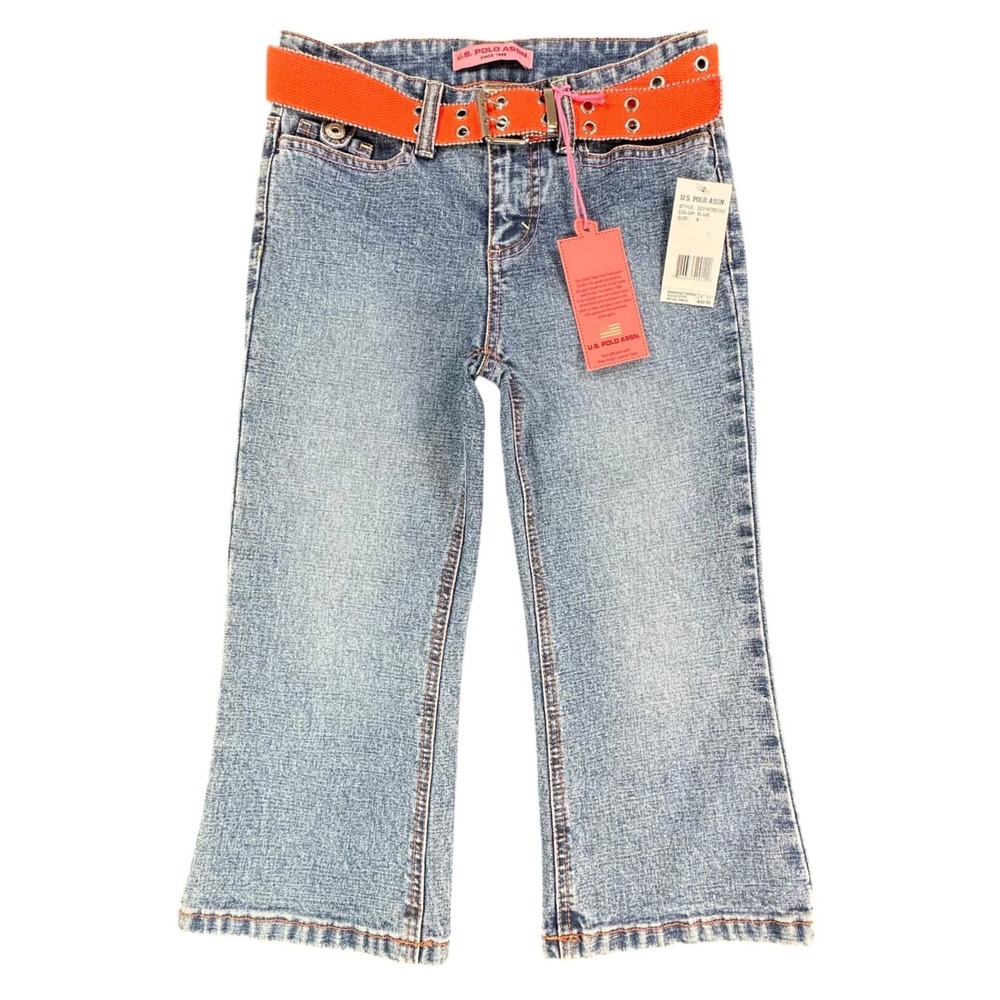 U.S. Polo Assn Jeans Girls 8 Blue Ramie Cotton Stretch Flare Y2K With Belt New
